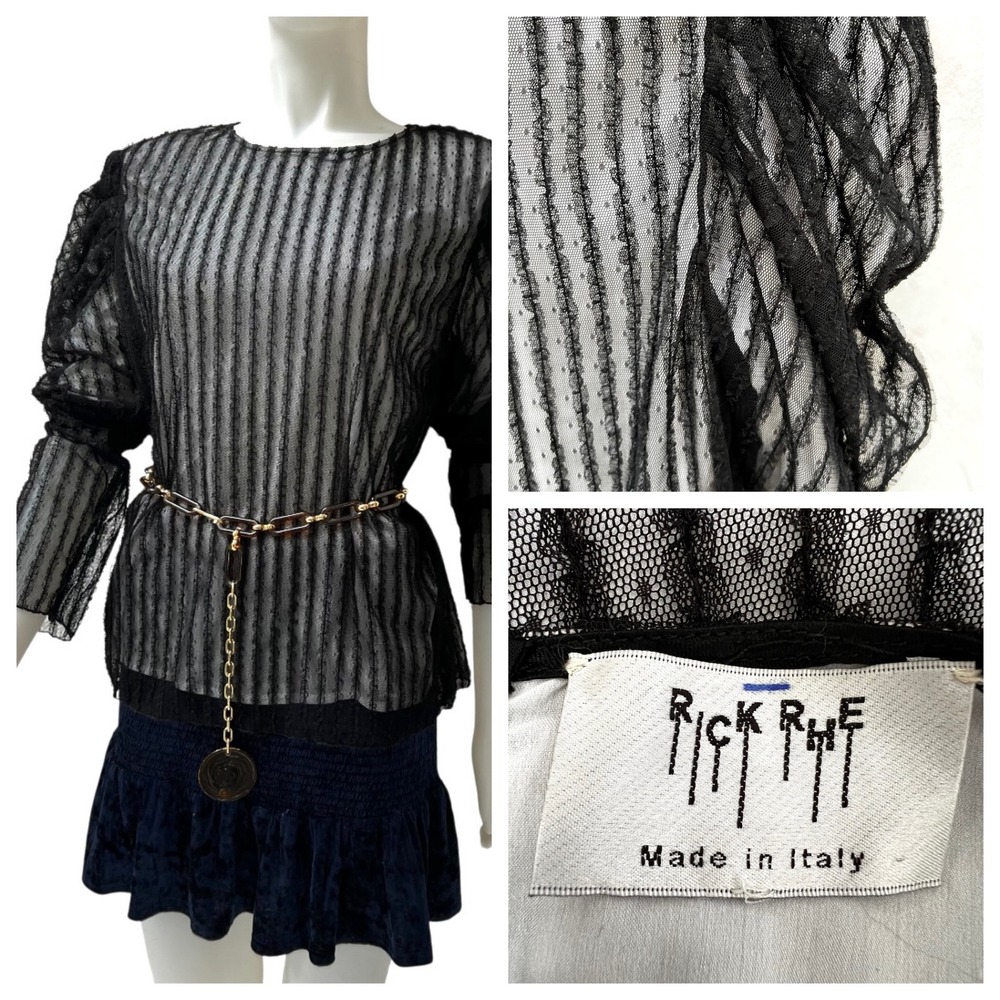 Rick Rhe Black Sheer Mesh Puff Sleeve Striped Blouse Italy Large Fairy Whisygoth